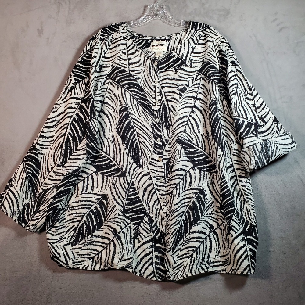 Cynthia‎ Rowley Tunic Top Womens 3X Black Palm Linen Roll Tab Button Tropical